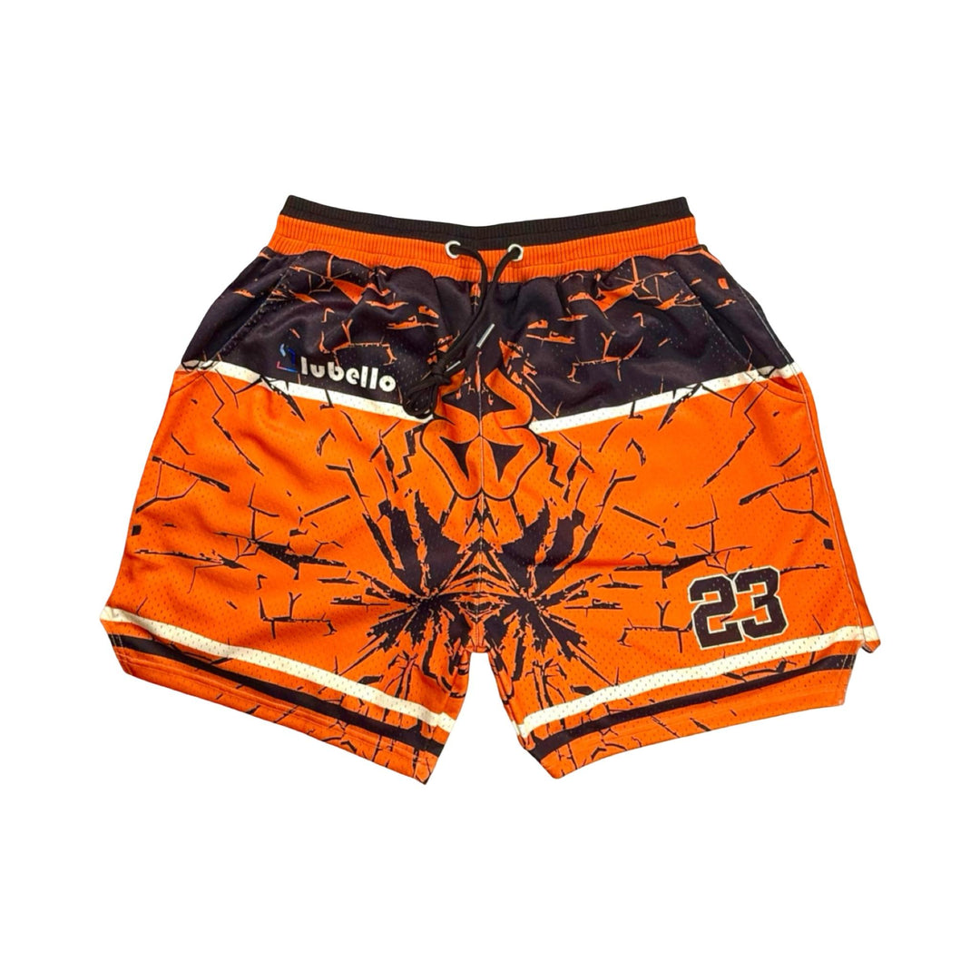 Orange and black shorts with a pattern and number 23 on a white background
