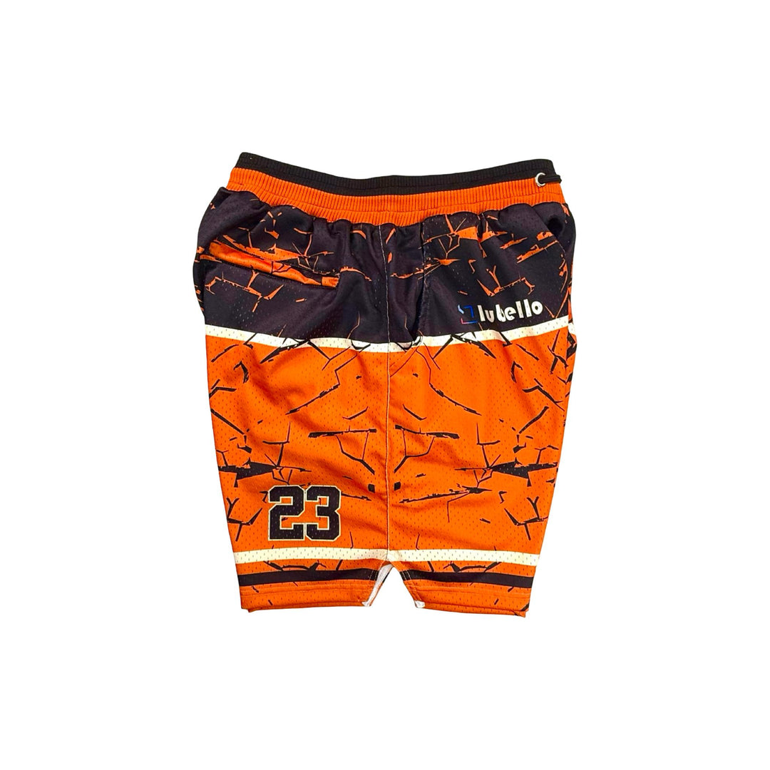 Orange and black shorts with a pattern and number 23 on a white background