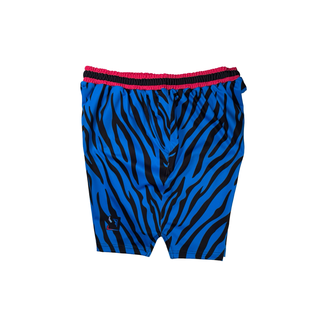 Blue Rave Zebra Soft Quick-Dry basketball shorts with neon blue zebra stripes and hot-pink sides. Lightweight, breathable, above-knee fit.