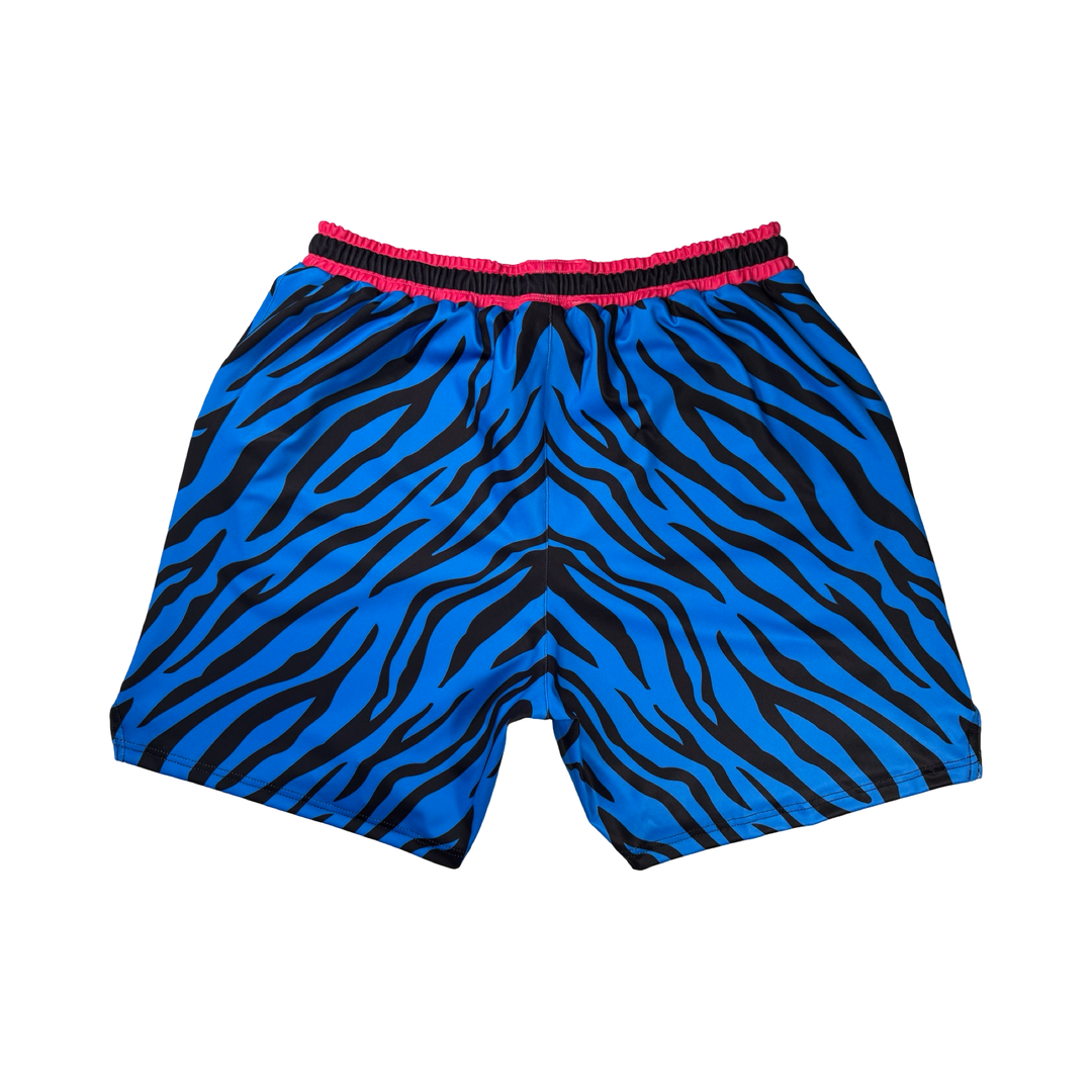 Blue Rave Zebra Soft Quick-Dry basketball shorts with neon blue zebra stripes and hot-pink sides. Lightweight, breathable, above-knee fit.