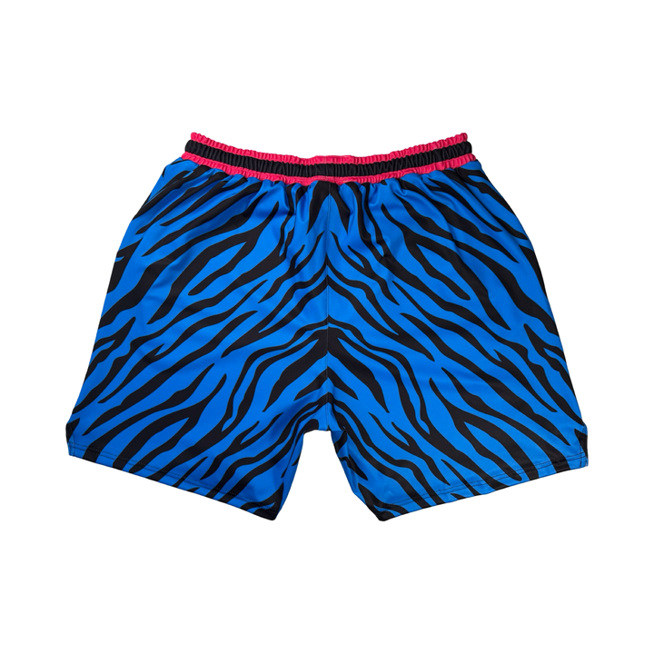 Blue Rave Zebra Soft Quick-Dry basketball shorts with neon blue zebra stripes and hot-pink sides. Lightweight, breathable, above-knee fit.