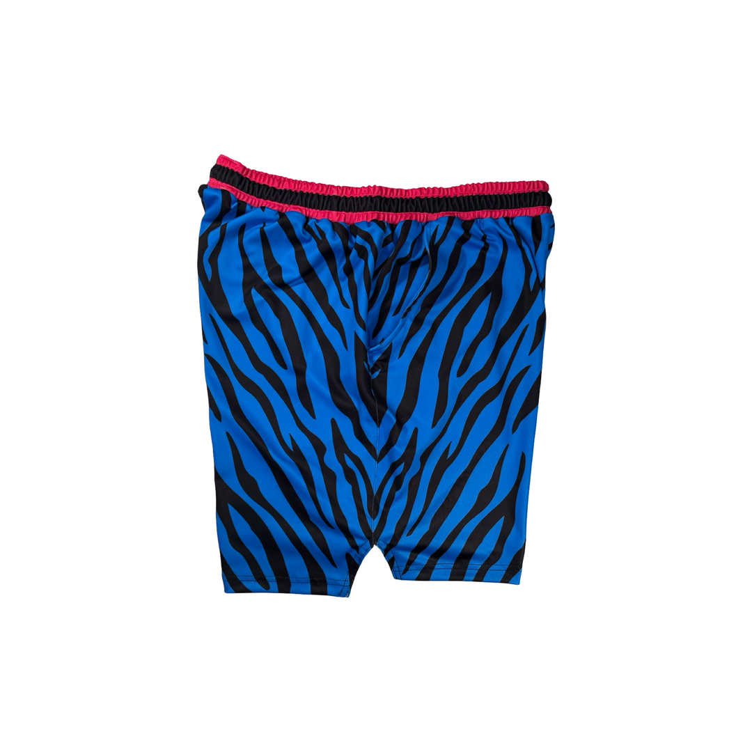 Blue Rave Zebra Soft Quick-Dry basketball shorts with neon blue zebra stripes and hot-pink sides. Lightweight, breathable, above-knee fit.