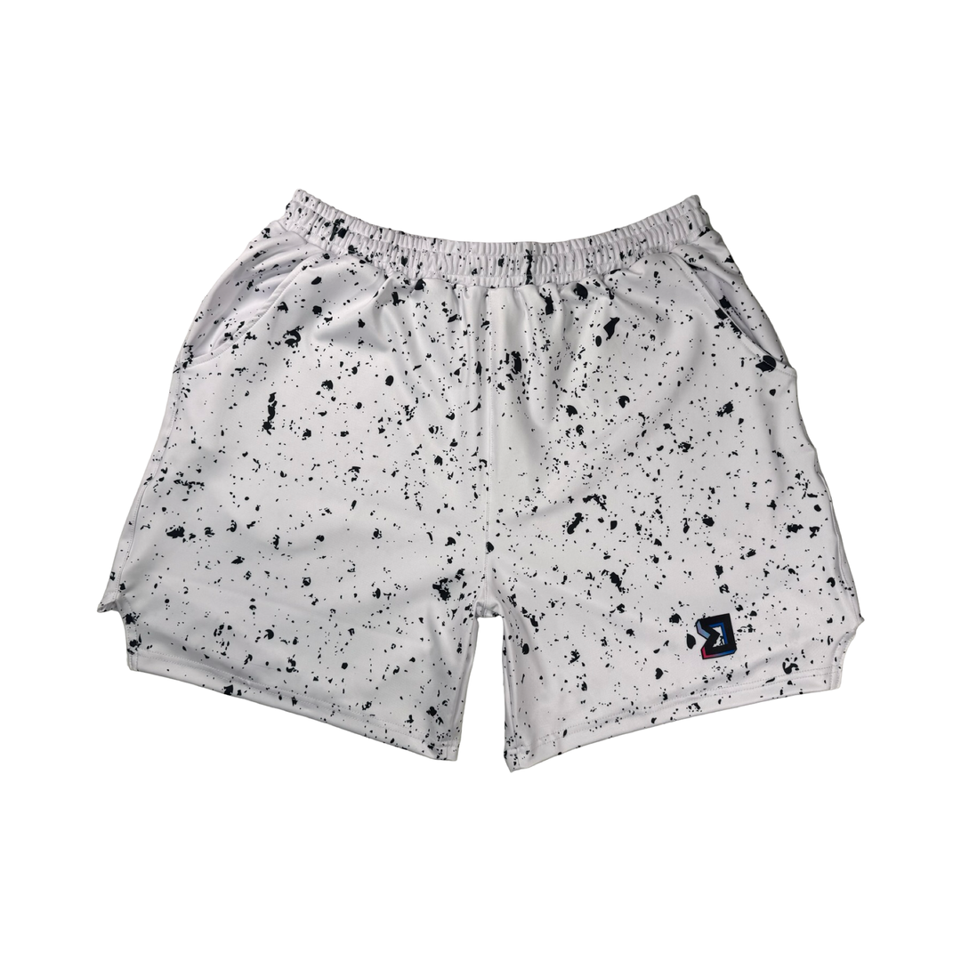 Speckle Soft QD basketball shorts with white/black splatter design. Lightweight, smooth, moisture-wicking  by Trap’N Shorts.