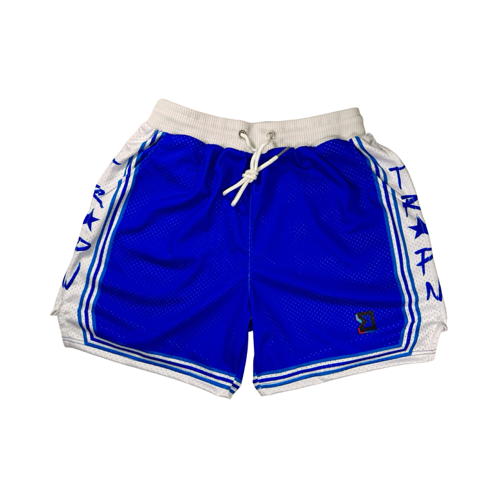Trap Show Mesh Pro basketball shorts in vintage Minneapolis Lakers blue and white with pro waistband, side lettering, and stripe detailing by Trap’N Shorts.