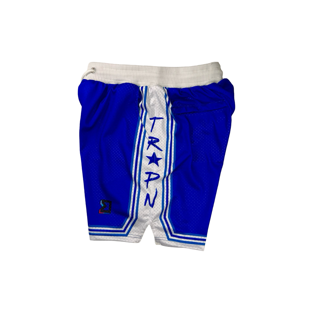 Trap Show Mesh Pro basketball shorts in vintage Minneapolis Lakers blue and white with pro waistband, side lettering, and stripe detailing by Trap’N Shorts.