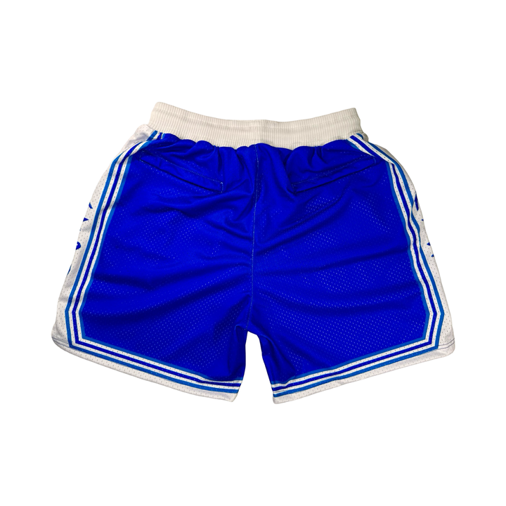 Trap Show Mesh Pro basketball shorts in vintage Minneapolis Lakers blue and white with pro waistband, side lettering, and stripe detailing by Trap’N Shorts.