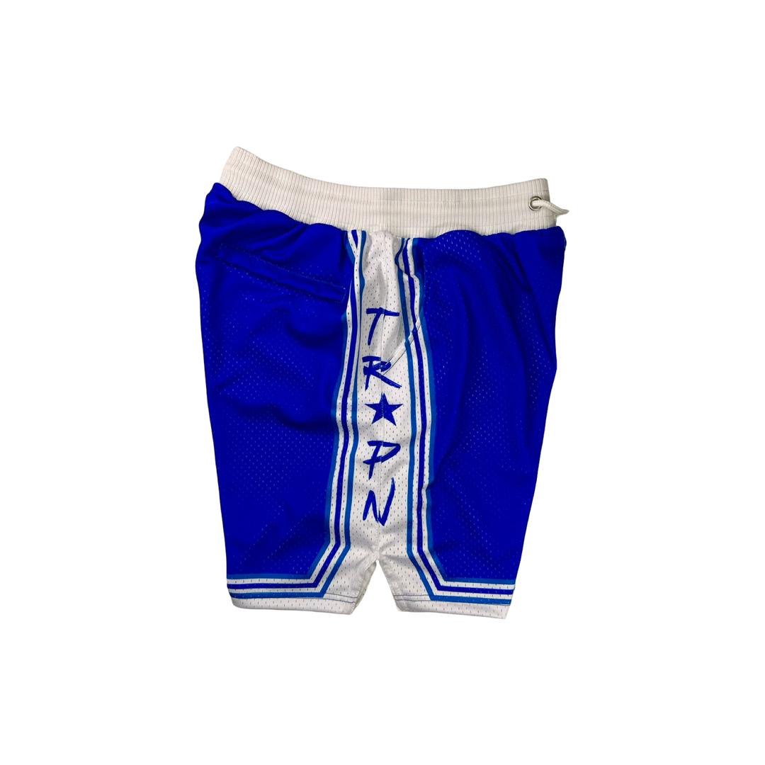 Trap Show Mesh Pro basketball shorts in vintage Minneapolis Lakers blue and white with pro waistband, side lettering, and stripe detailing by Trap’N Shorts.