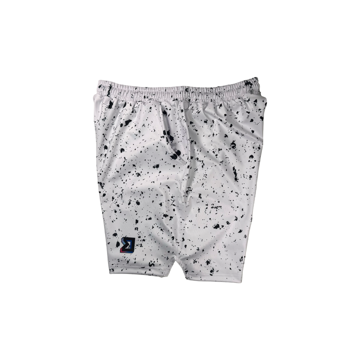 Speckle Soft QD basketball shorts with white/black splatter design. Lightweight, smooth, moisture-wicking  by Trap’N Shorts.