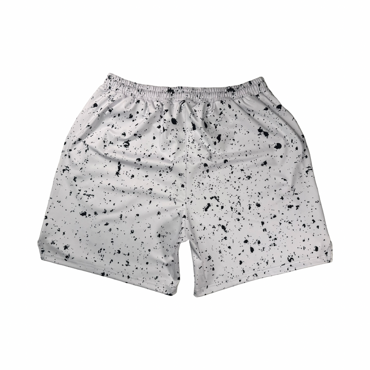 Speckle Soft QD basketball shorts with white/black splatter design. Lightweight, smooth, moisture-wicking  by Trap’N Shorts.