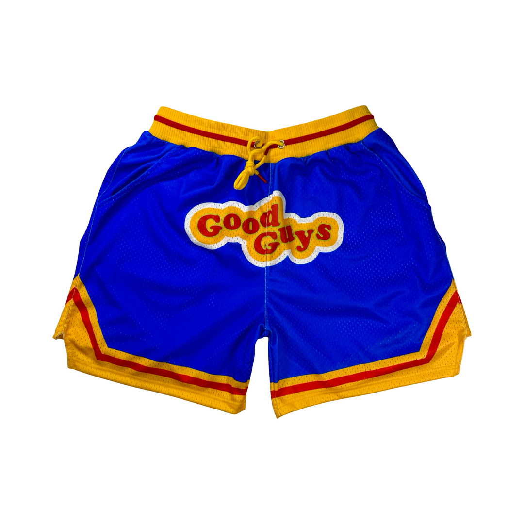 Good Guys Mesh Pro basketball shorts with retro blue–yellow colorway, zippered back pocket, and thick pro waistband by Trap’N Shorts.