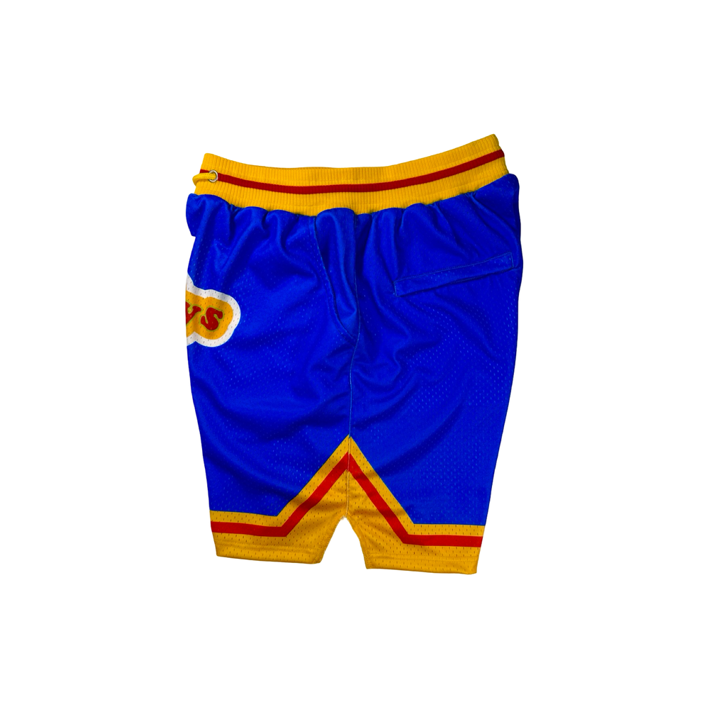 Good Guys Mesh Pro basketball shorts with retro blue–yellow colorway, zippered back pocket, and thick pro waistband by Trap’N Shorts.