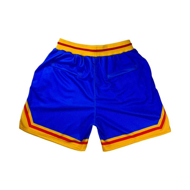 Good Guys Mesh Pro basketball shorts with retro blue–yellow colorway, zippered back pocket, and thick pro waistband by Trap’N Shorts.