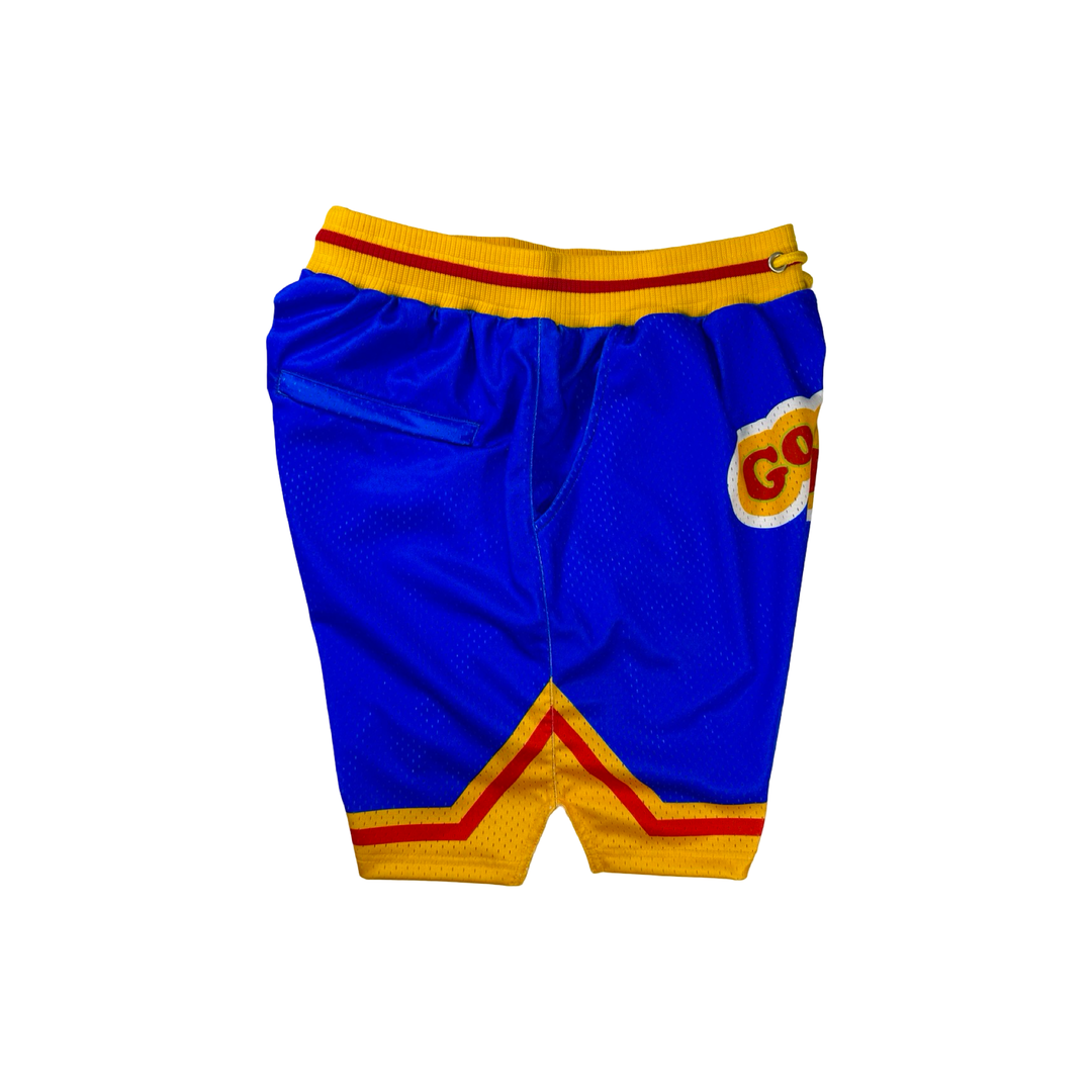 Good Guys Mesh Pro basketball shorts with retro blue–yellow colorway, zippered back pocket, and thick pro waistband by Trap’N Shorts.