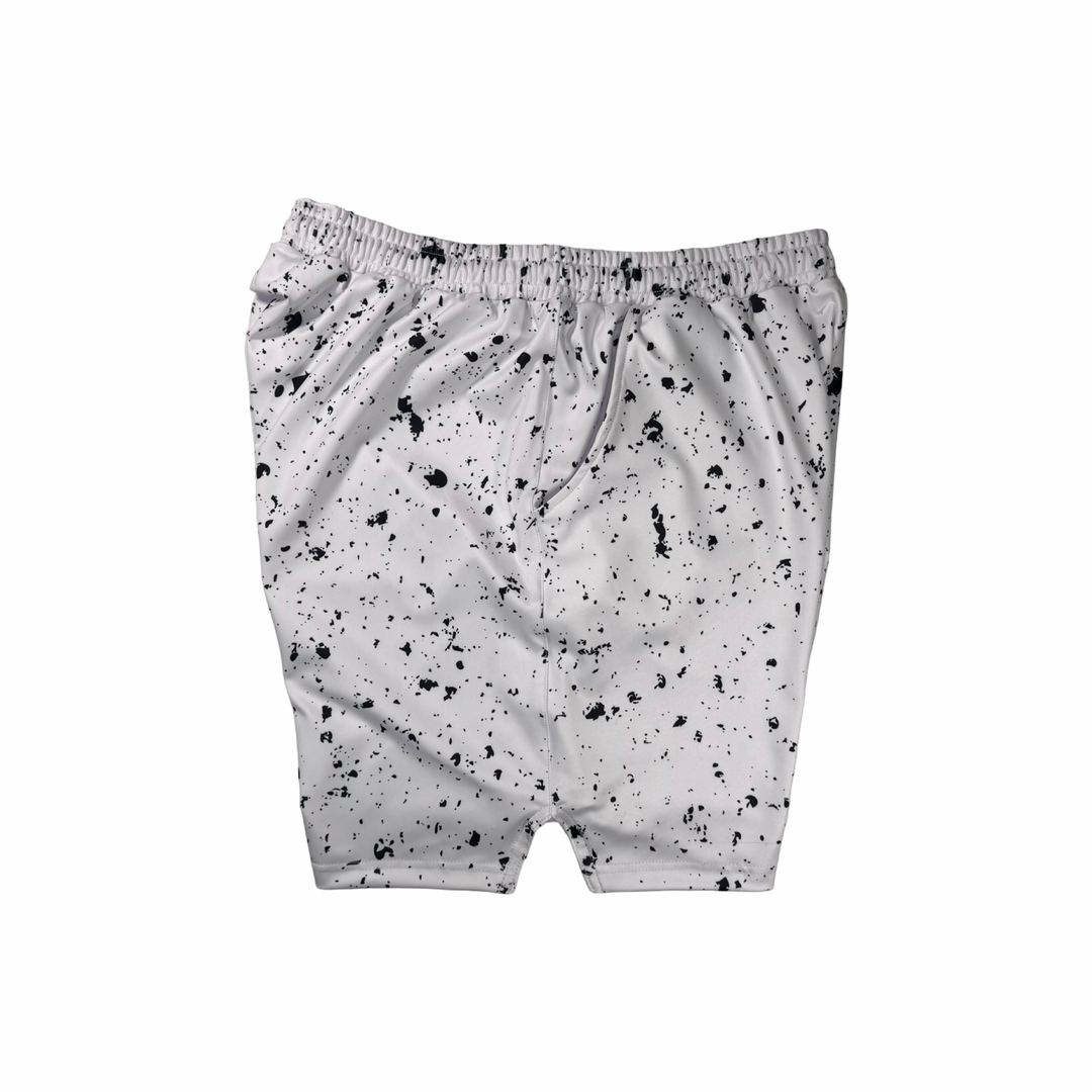 Speckle Soft QD basketball shorts with white/black splatter design. Lightweight, smooth, moisture-wicking  by Trap’N Shorts.