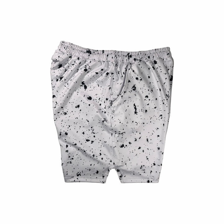 Speckle Soft QD basketball shorts with white/black splatter design. Lightweight, smooth, moisture-wicking  by Trap’N Shorts.
