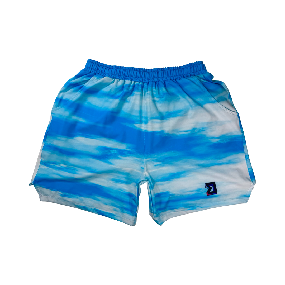 Clouds GO basketball shorts with a blue sky pattern. Lightweight, breathable, water-resistant GO fabric. Above-knee fit by Trap’N Shorts.