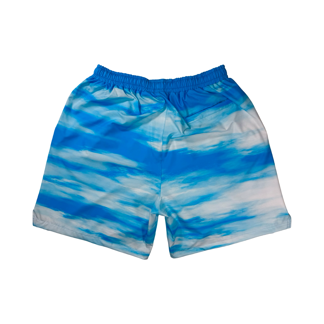 Clouds GO basketball shorts with a blue sky pattern. Lightweight, breathable, water-resistant GO fabric. Above-knee fit by Trap’N Shorts.