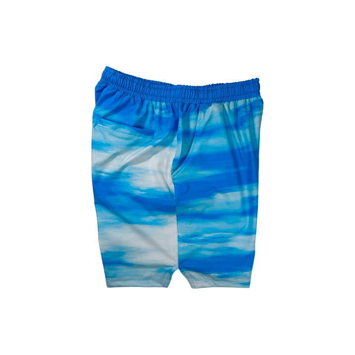 Clouds GO basketball shorts with a blue sky pattern. Lightweight, breathable, water-resistant GO fabric. Above-knee fit by Trap’N Shorts.