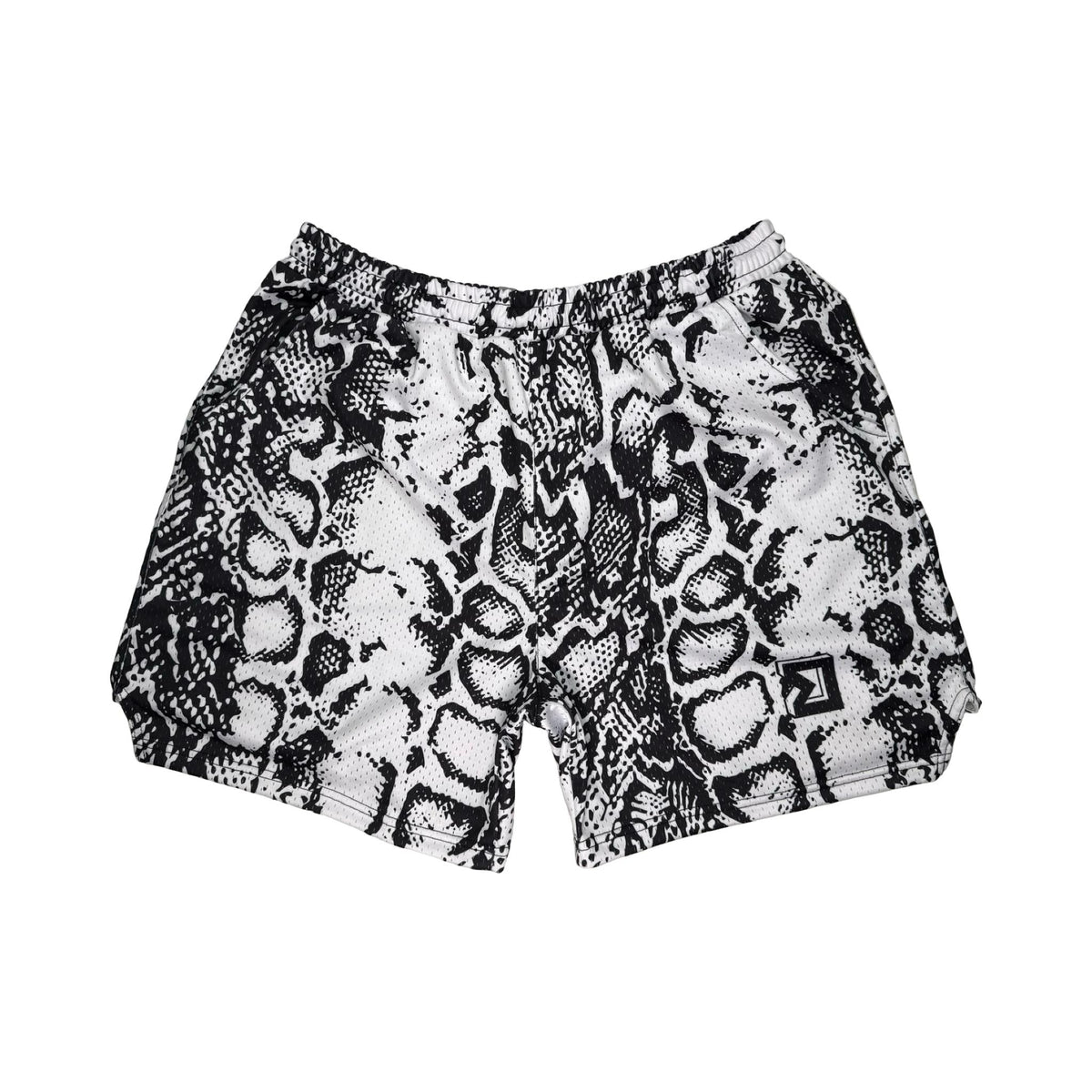 Snake print shorts on a white background