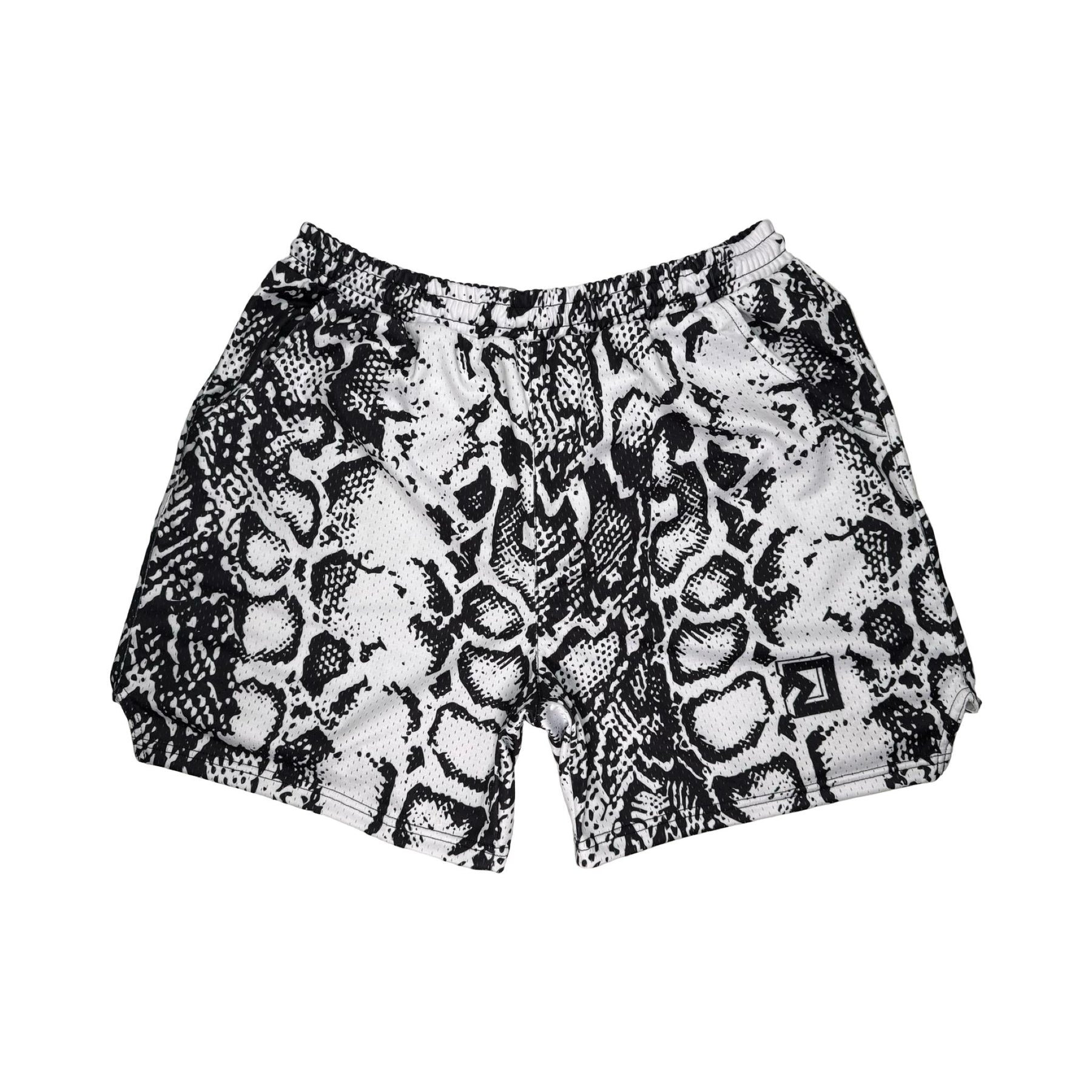 Snake print shorts on a white background