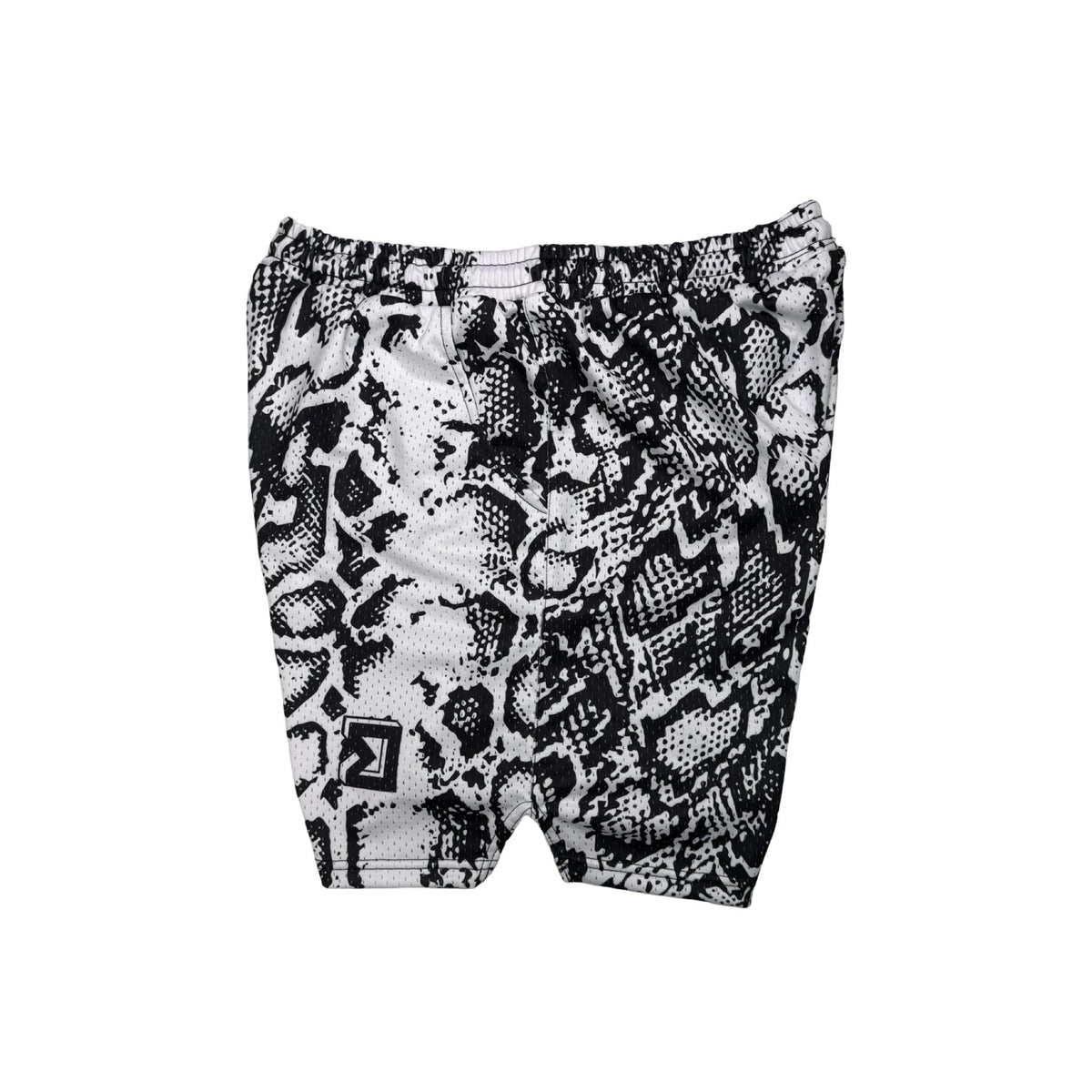 Black and white patterned shorts on a white background