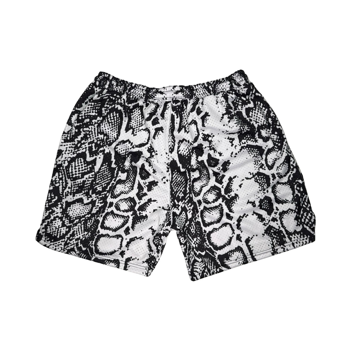 Snake print shorts on a white background