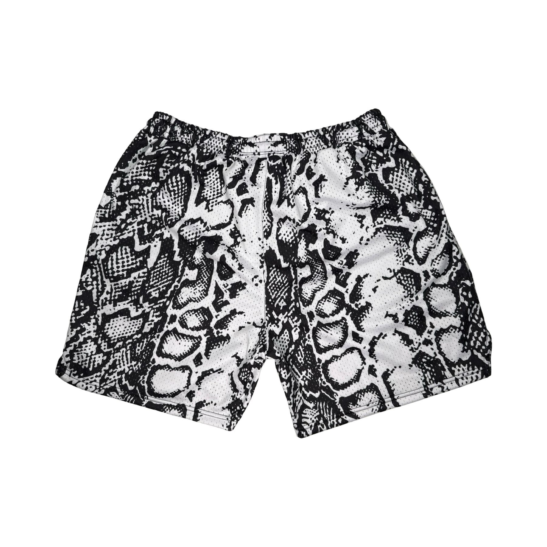 Snake print shorts on a white background