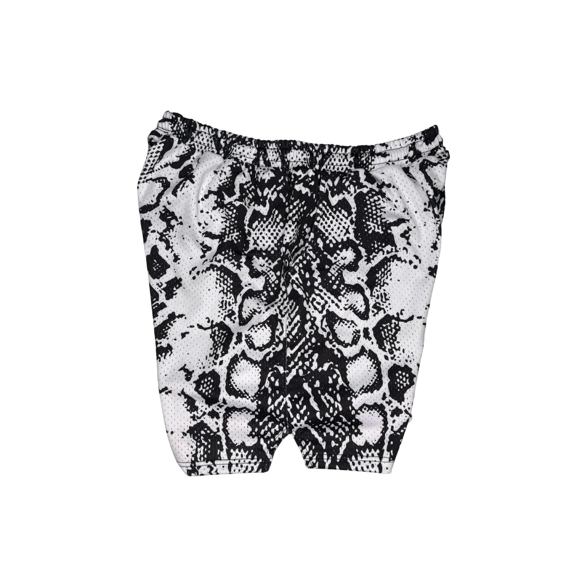 Black and white snake print shorts on a white background