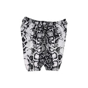 Black and white snake print shorts on a white background