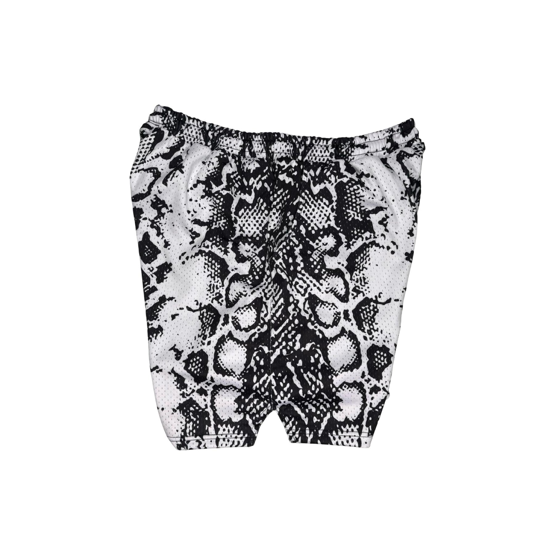 Black and white snake print shorts on a white background