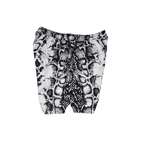 Black and white snake print shorts on a white background