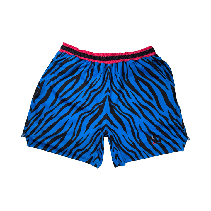 Blue Rave Zebra Soft Quick-Dry basketball shorts with neon blue zebra stripes and hot-pink sides. Lightweight, breathable, above-knee fit.