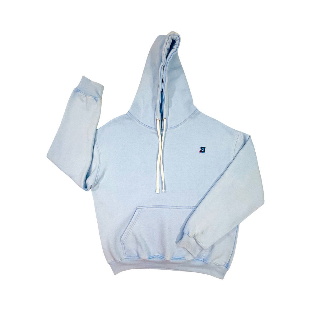 Light blue hoodie with a brand logo on a white background