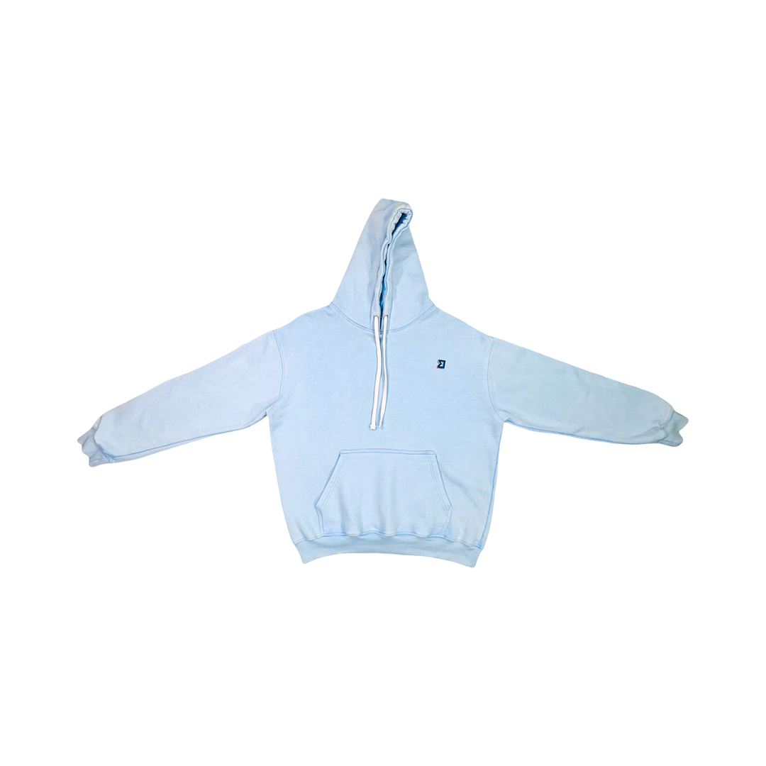 Light blue hoodie with a zipper on a white background