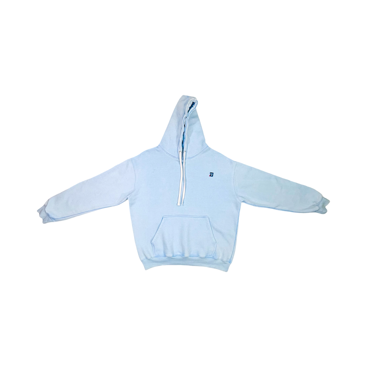 Light blue hoodie with a zipper on a white background