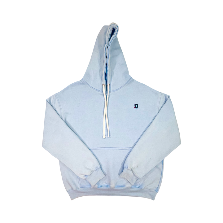 Light blue hoodie with a brand logo on a white background