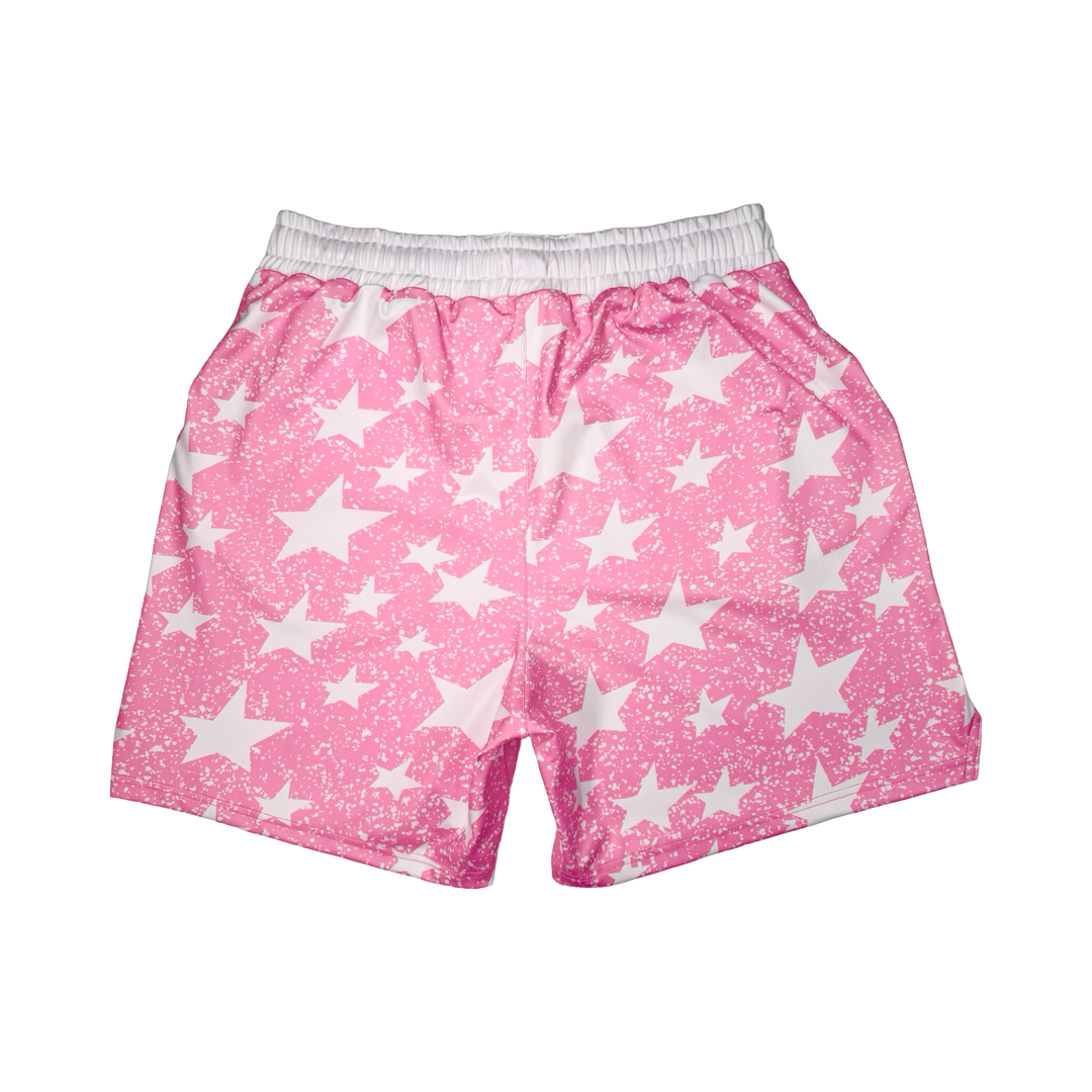 Pink shorts with white star pattern on a white background