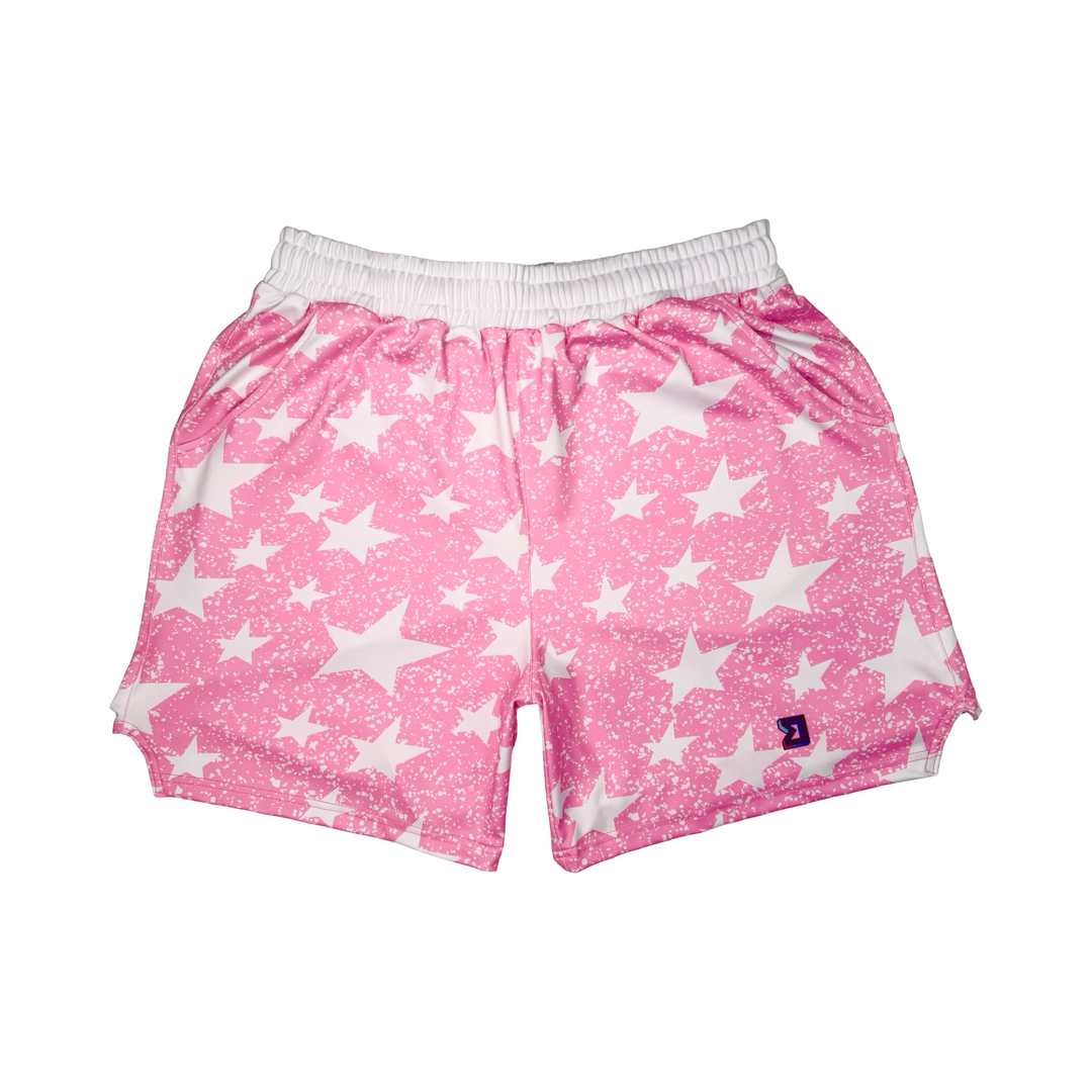 Pink shorts with white star pattern on a white background