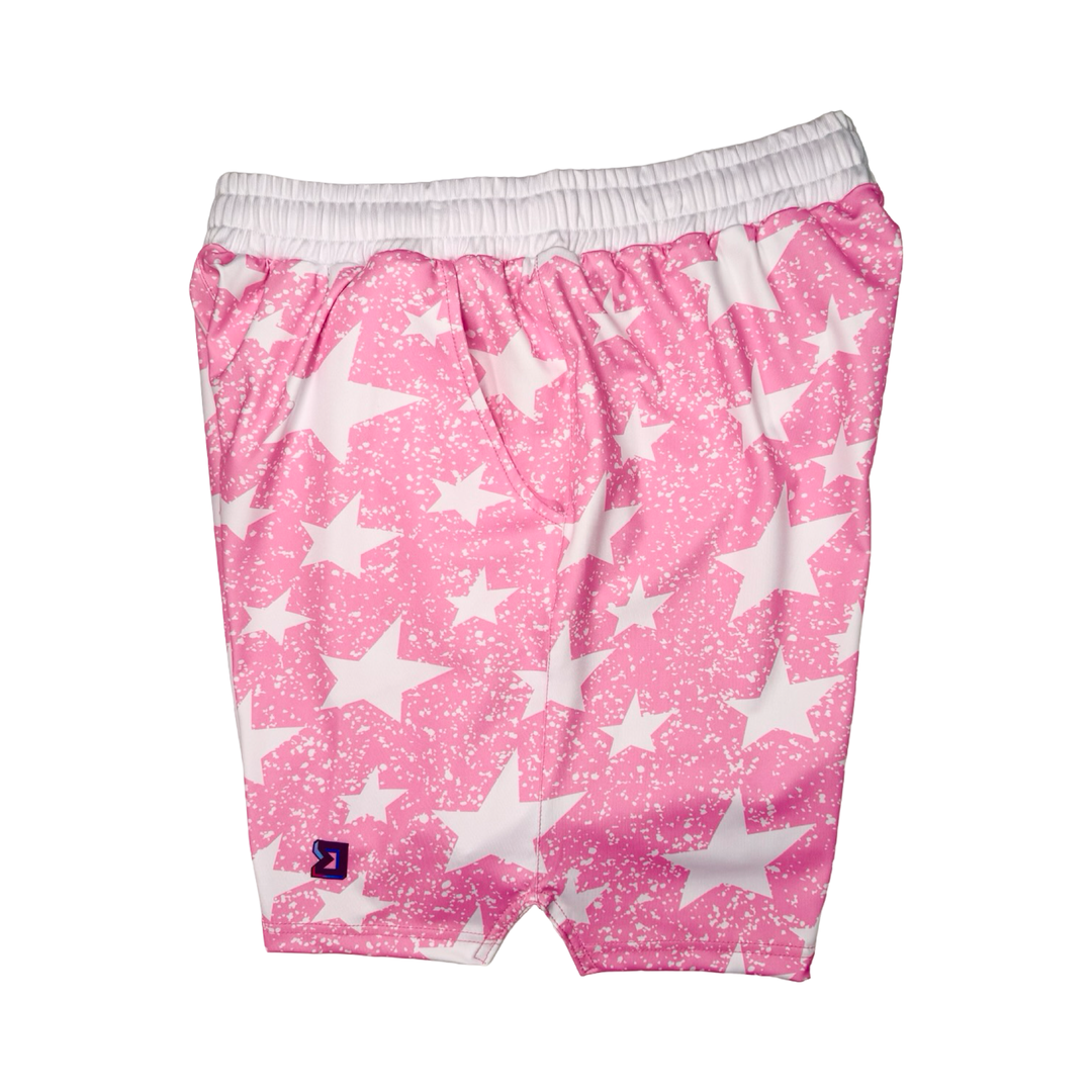 Pink shorts with white star pattern on a white background