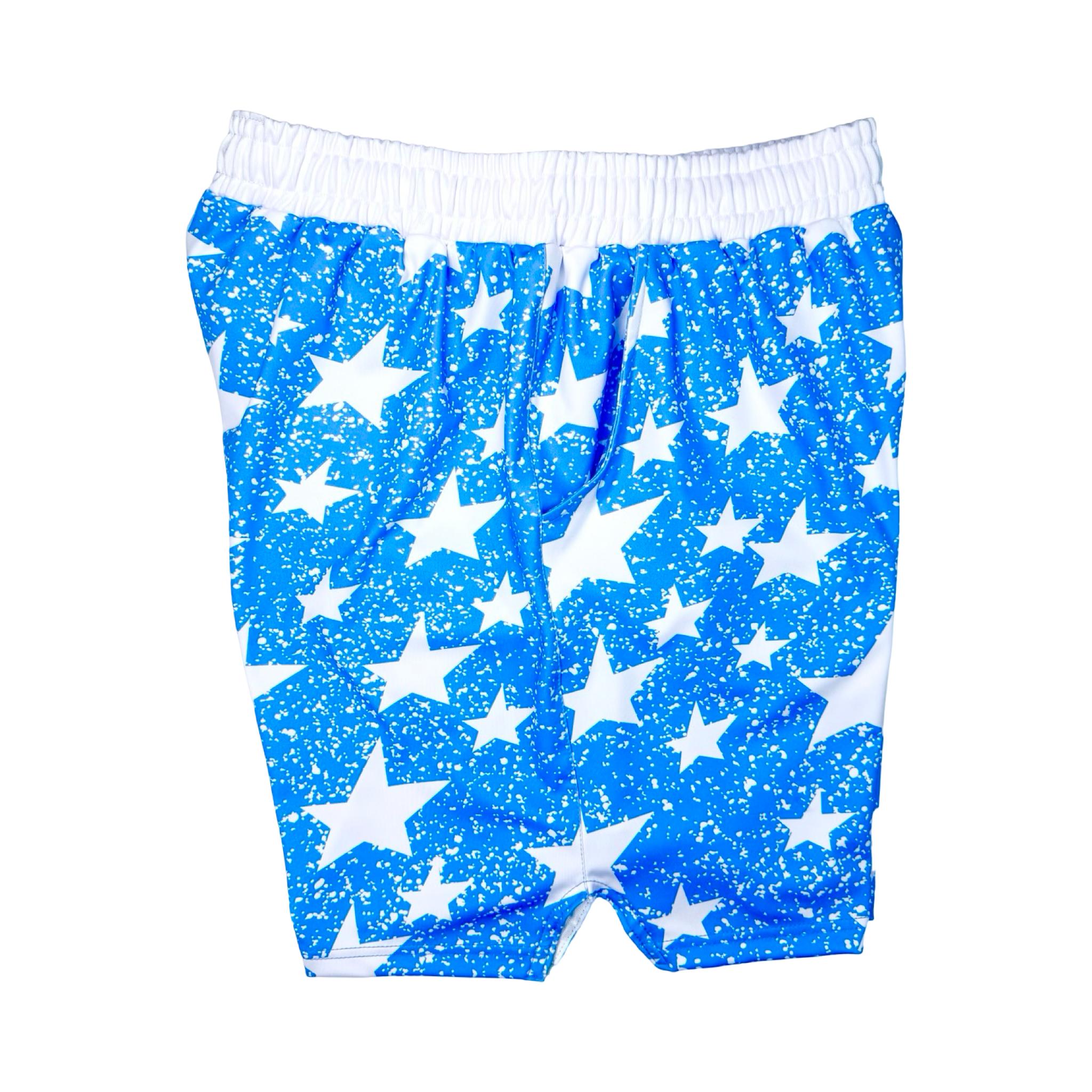 Sky Blue soft dry fit shorts with white star and snow pattern