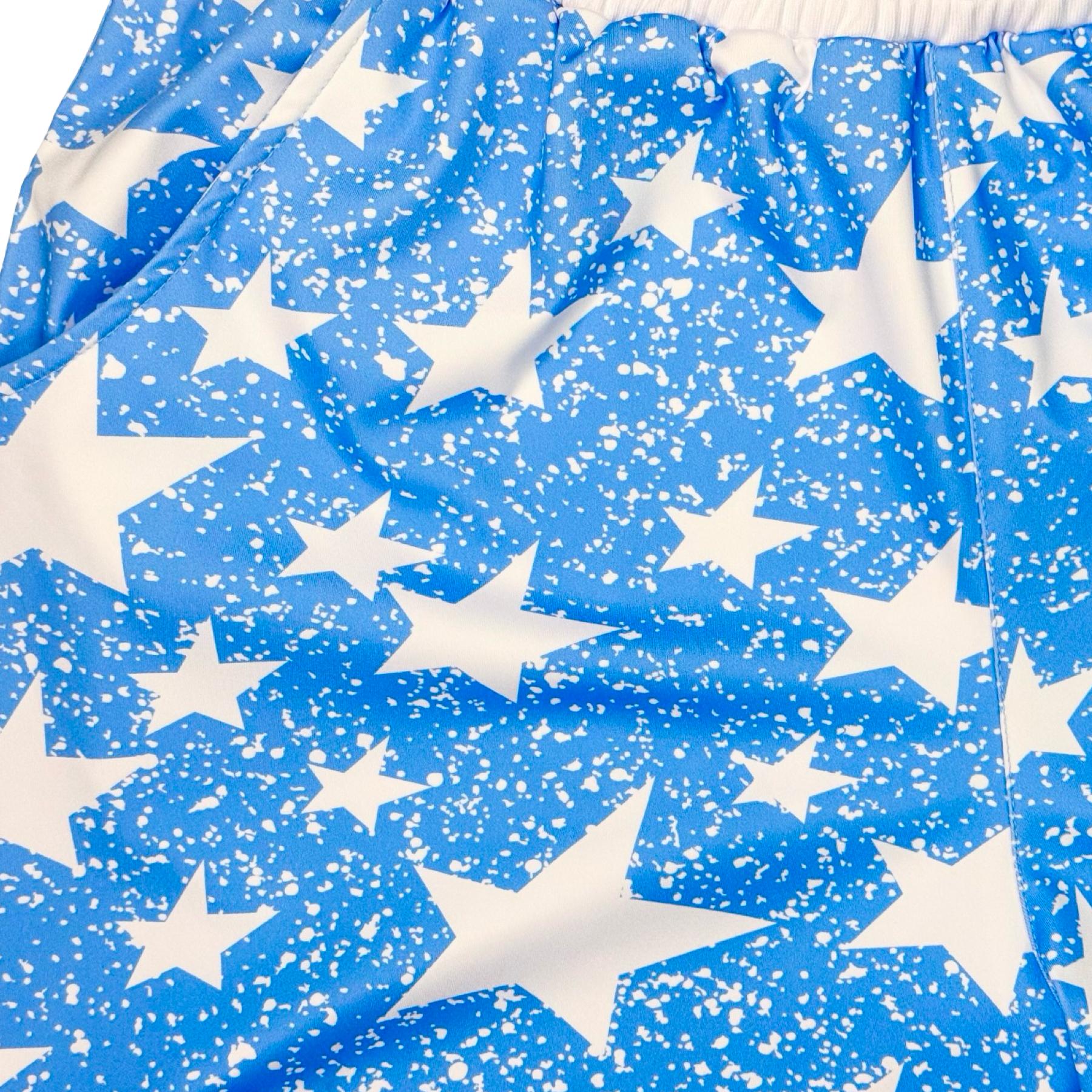 Sky Blue soft dry fit shorts with white star and snow pattern closeup texture