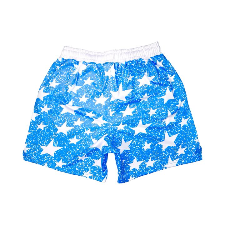 Blue shorts with white star pattern on a white background