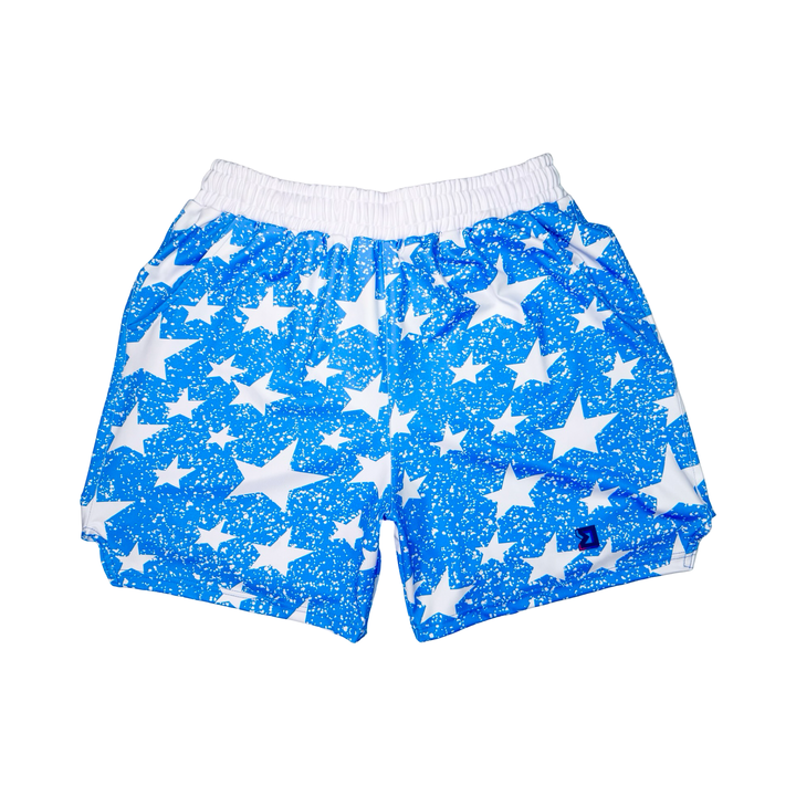 Blue shorts with white star pattern on a white background