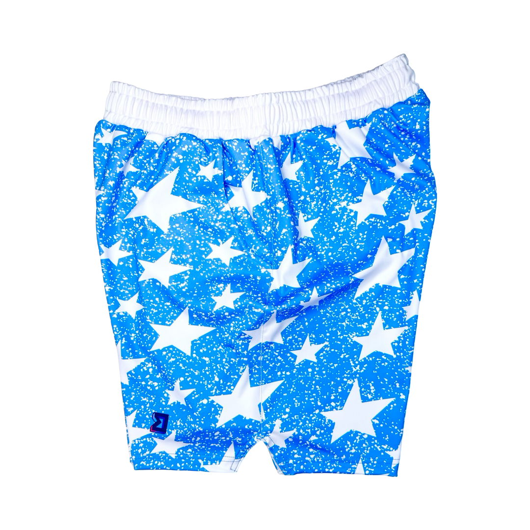 Blue shorts with white star pattern on a white background