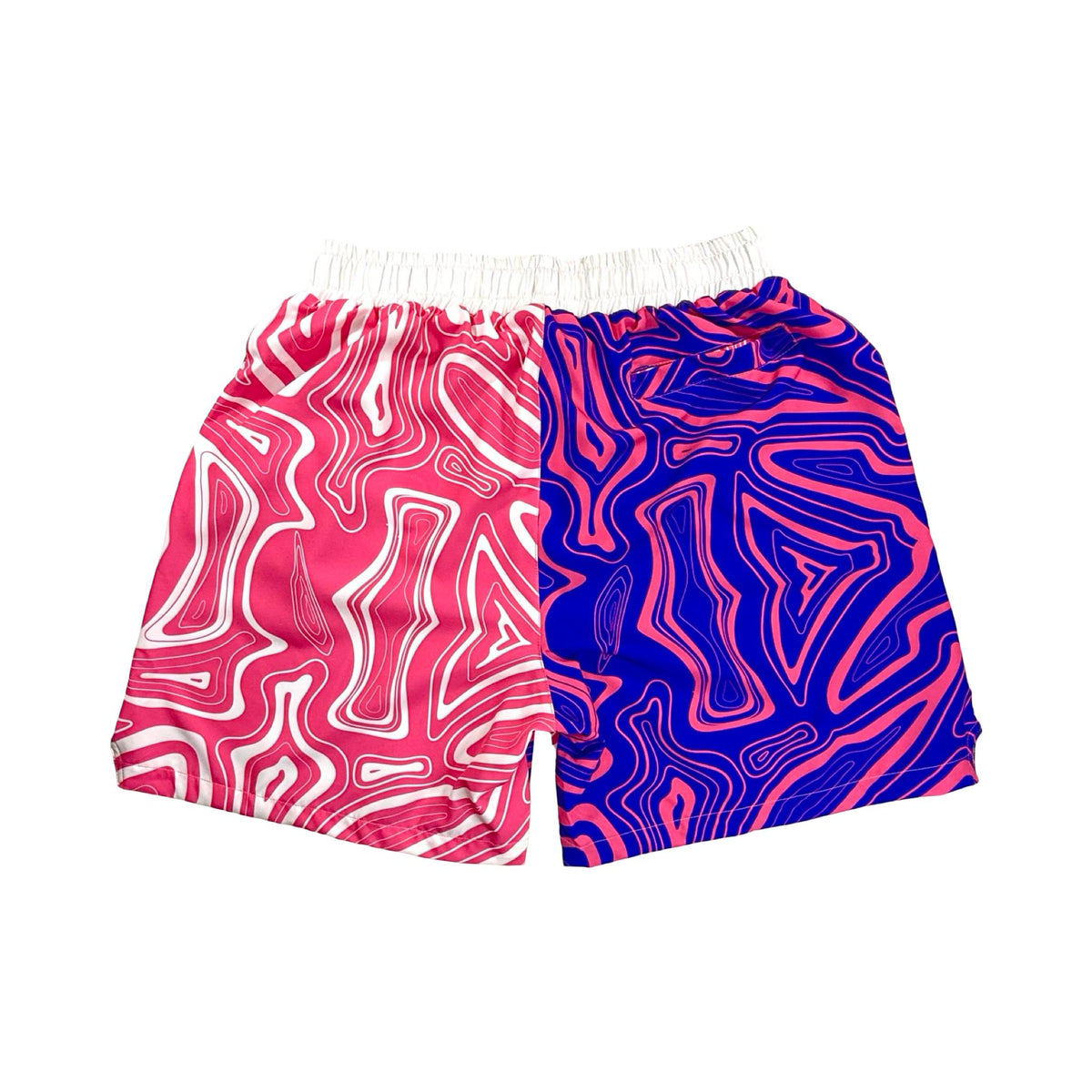 Pair of two-tone shorts with pink and purple swirl pattern
