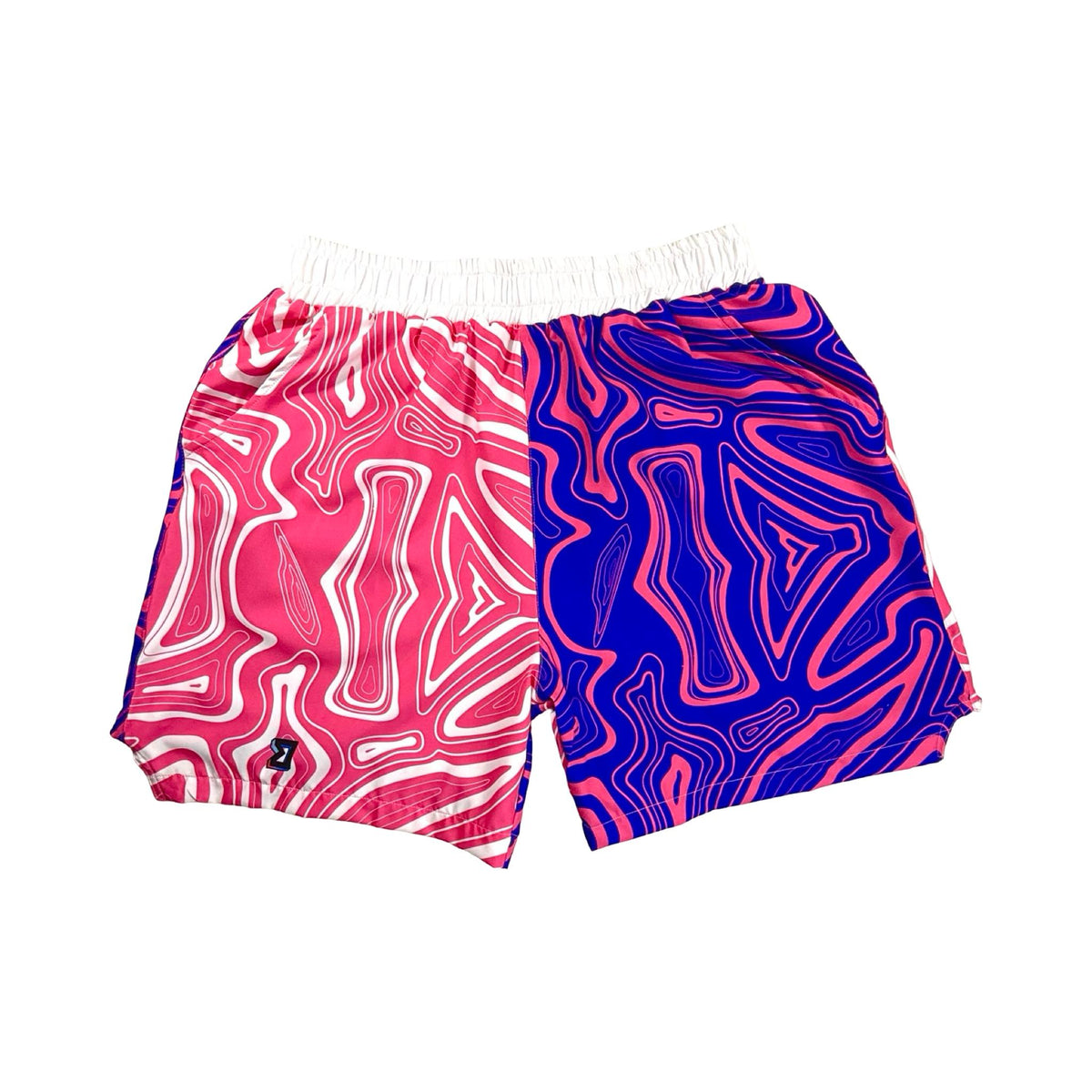 Pair of shorts with pink and purple swirl pattern