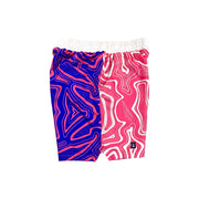 Pair of shorts with pink and purple swirl pattern