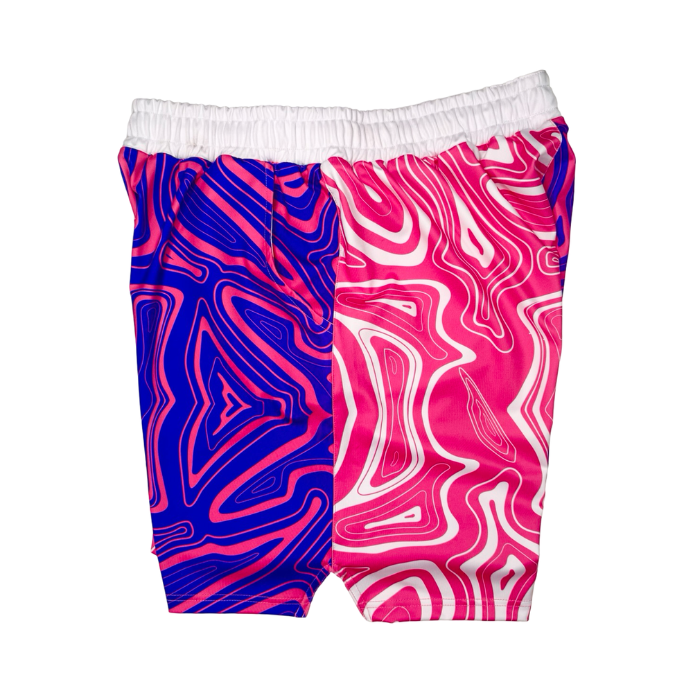Pair of shorts with blue and pink abstract pattern on a white background
