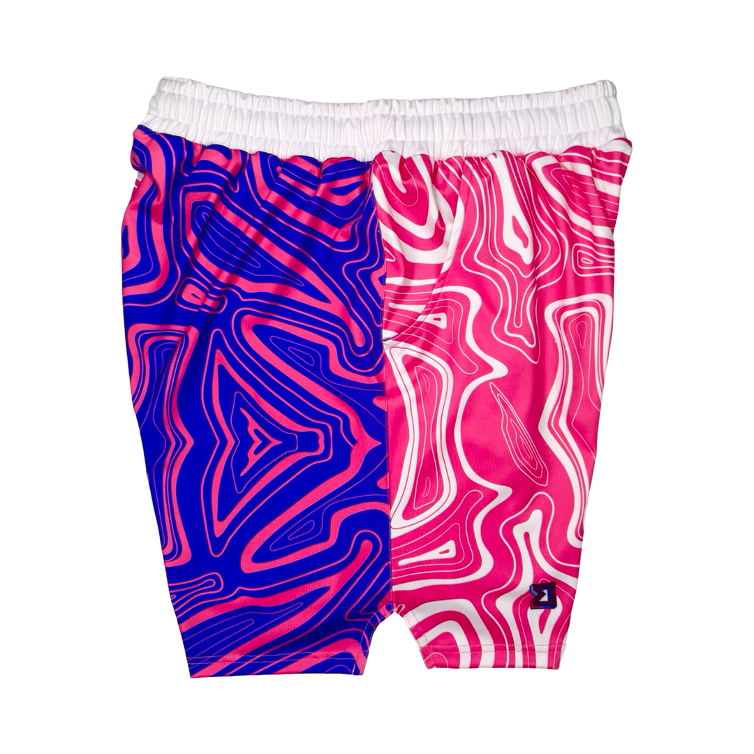 Pair of swim shorts with abstract blue and pink pattern on a white background