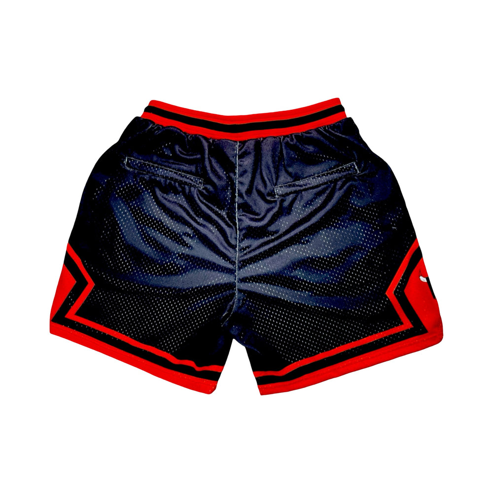 Black and red pro style mesh shorts with logo and 2 inch waistband